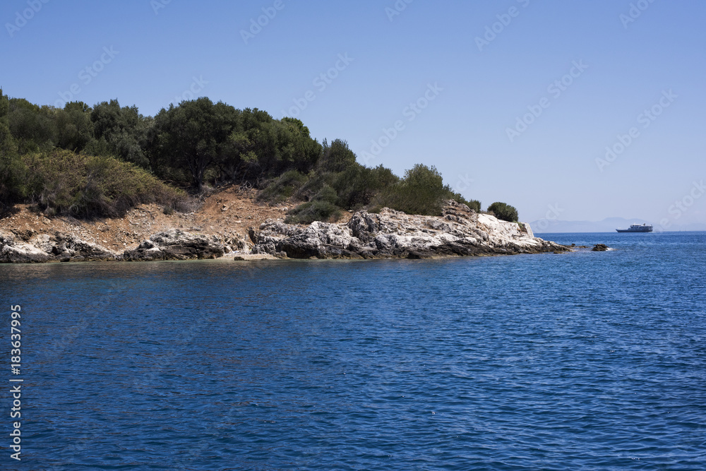 View of the beautiful blue sea of Corfu in Greece