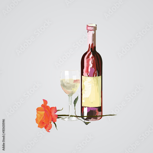 vector hand drawn illustration of bottle and glass of wine and rose flower