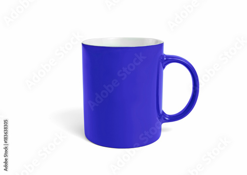 Empty blue mug with copy space on a white background.