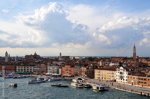 Photography panoramic view of Venice from the height of the cruise ship to Piazza San Marco and the Ducale, or Doge's Palace