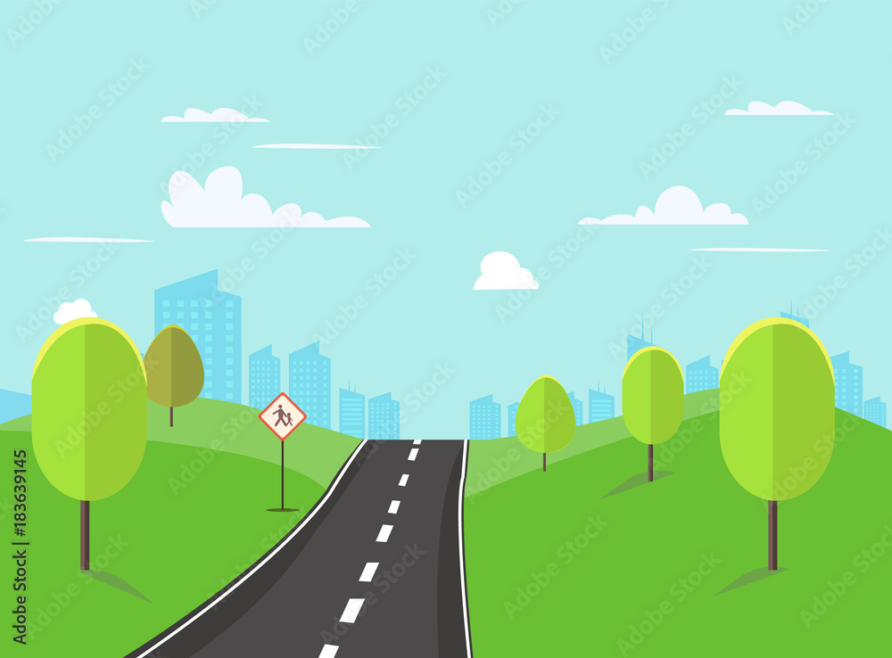 Plakat Street in public park with nature landscape and building background vector illustration.Main street scene vector.Pathway to city and nature around.