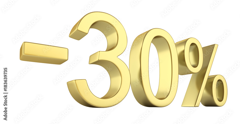 Gold text 30 percent off on white background without shadow 3D render Gold text 30 percent off on white background without shadow 3D render