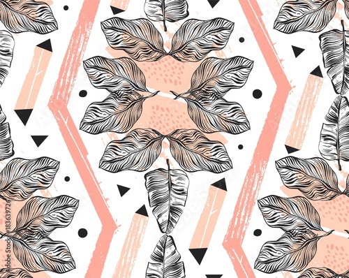 Hand drawn vector abstract freehand textured seamless tropical pattern collage with geometric shape,organic textures,triangles and palm leaves in pink pastel colors isolated on white background
