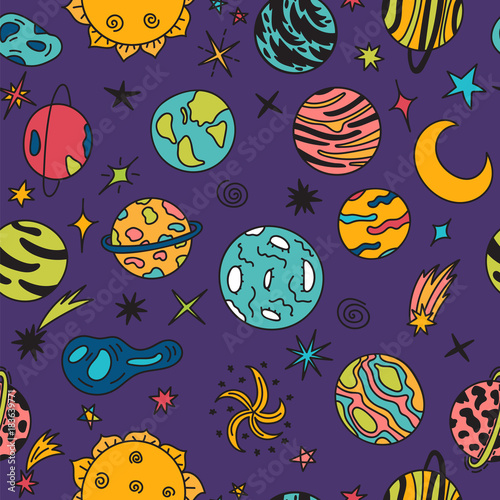 Cartoon galaxy with comets, asteroids, stars and planets. Doodle space seamless pattern. Cute hand drawn childish background. Cosmic objects set