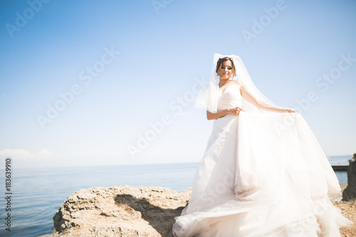 Romantic beautiful bride in white dress posing on the background sea