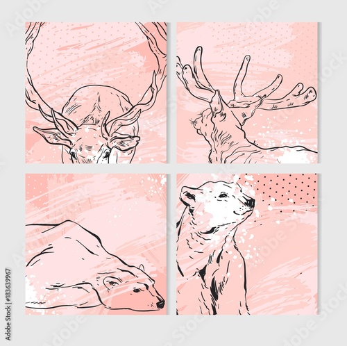 Hand drawn vector abstract fun Merry Christmas time cartoon cards collection set with cute illustrations of graphic deers and polar bears isolated on pink pastel textured background