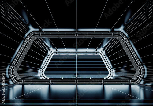 Futuristic tunnel with light and line interior hallway view. Spaceship corridor. Future background, business, sci-fi or science concept 3d illustration © Chanchai