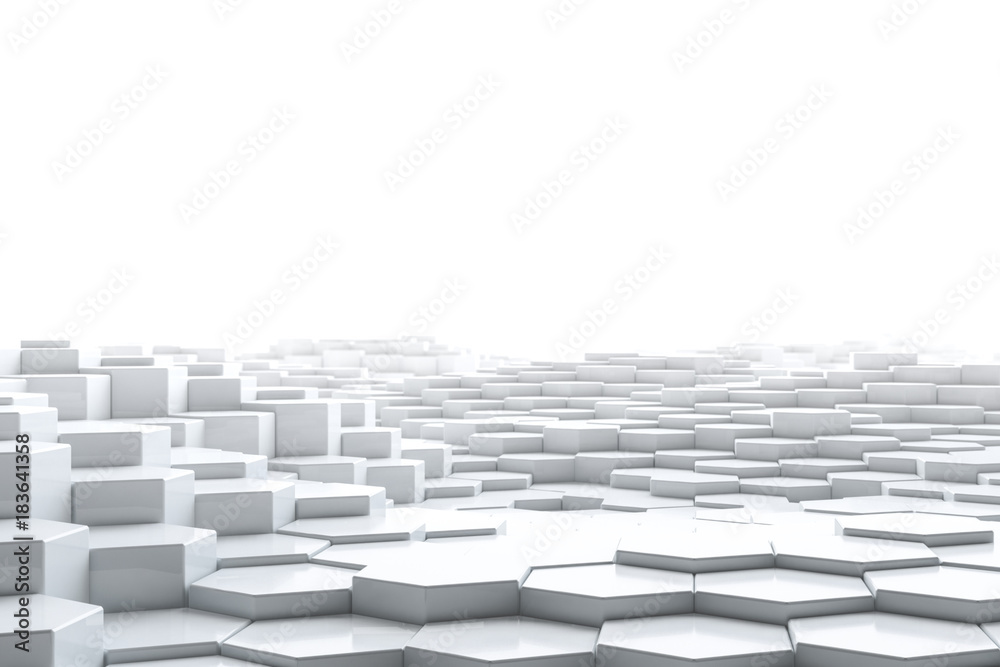 Abstract white hexagonal geometric layered. Futuristic hexagons surface. Future sci-fi concept background. 3D Rendering.