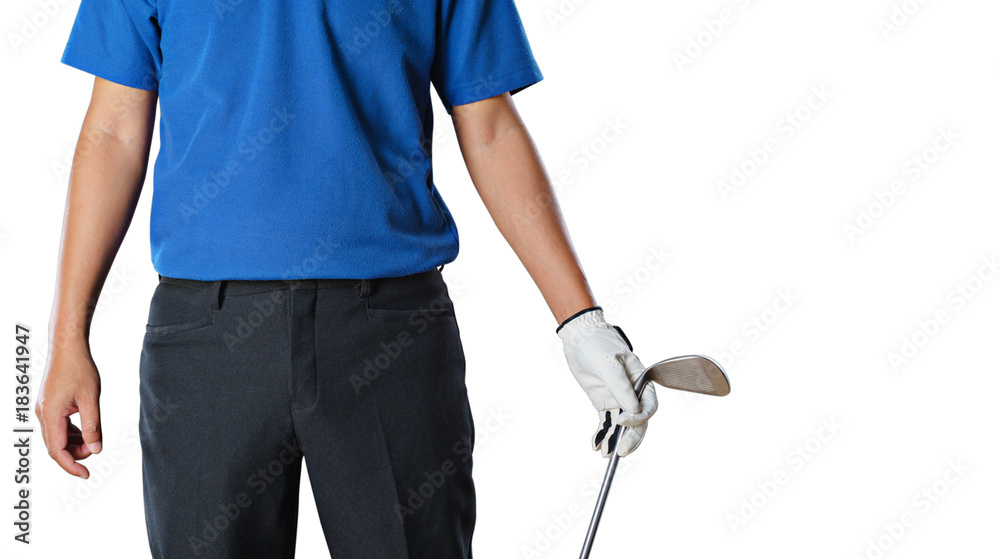 Golf player holding a golf club on white background Golf player holding a golf club on white background