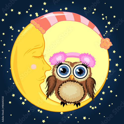 A sweet cartoon brown owl in soft headphones sits on a drowsy crescent moon against a background of a night sky with stars