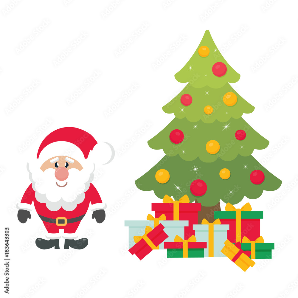 cartoon cute santa claus with christmas fir tree and gifts