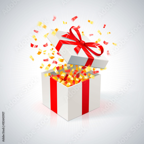 White Gift Box with red ribbon and golden confetti. Open gift box.. festive b...