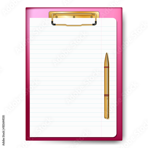Clipboard, paper sheet, golden pen for business planning, to-do list.