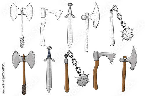 Old set of weapons. Hand drawn sketch