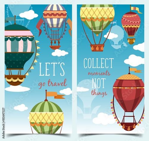 Hot air montgolfier balloons in sky with clouds