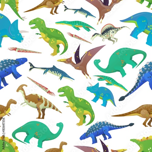 Seamless pattern with dinosaurs  prehistoric fish