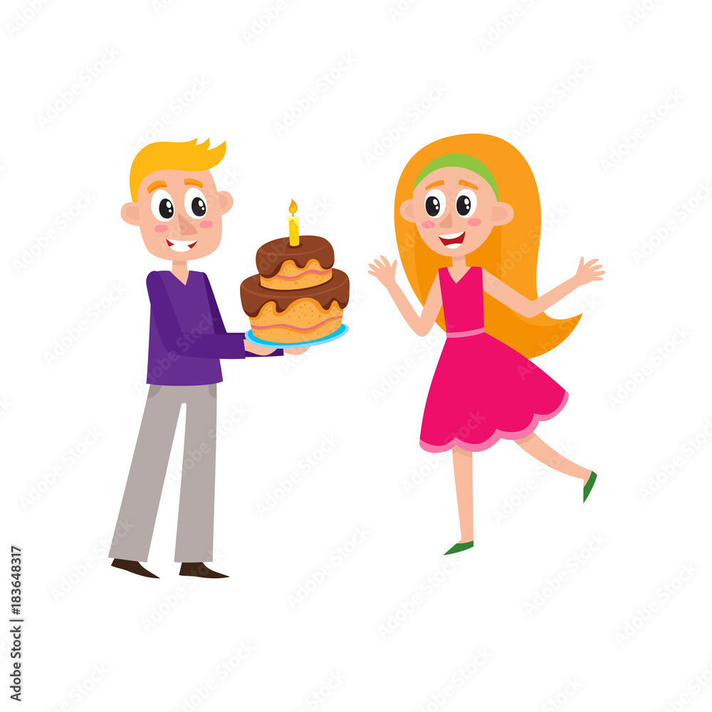 vector flat young man in purple shirt holding big birthday chocolate cake with festive candle inside giving it to beautiful woman in purple dress. Isolated illustration on a white background. vector flat young man in purple shirt holding big birthday chocolate cake with festive candle inside giving it to beautiful woman in purple dress. Isolated illustration on a white background.