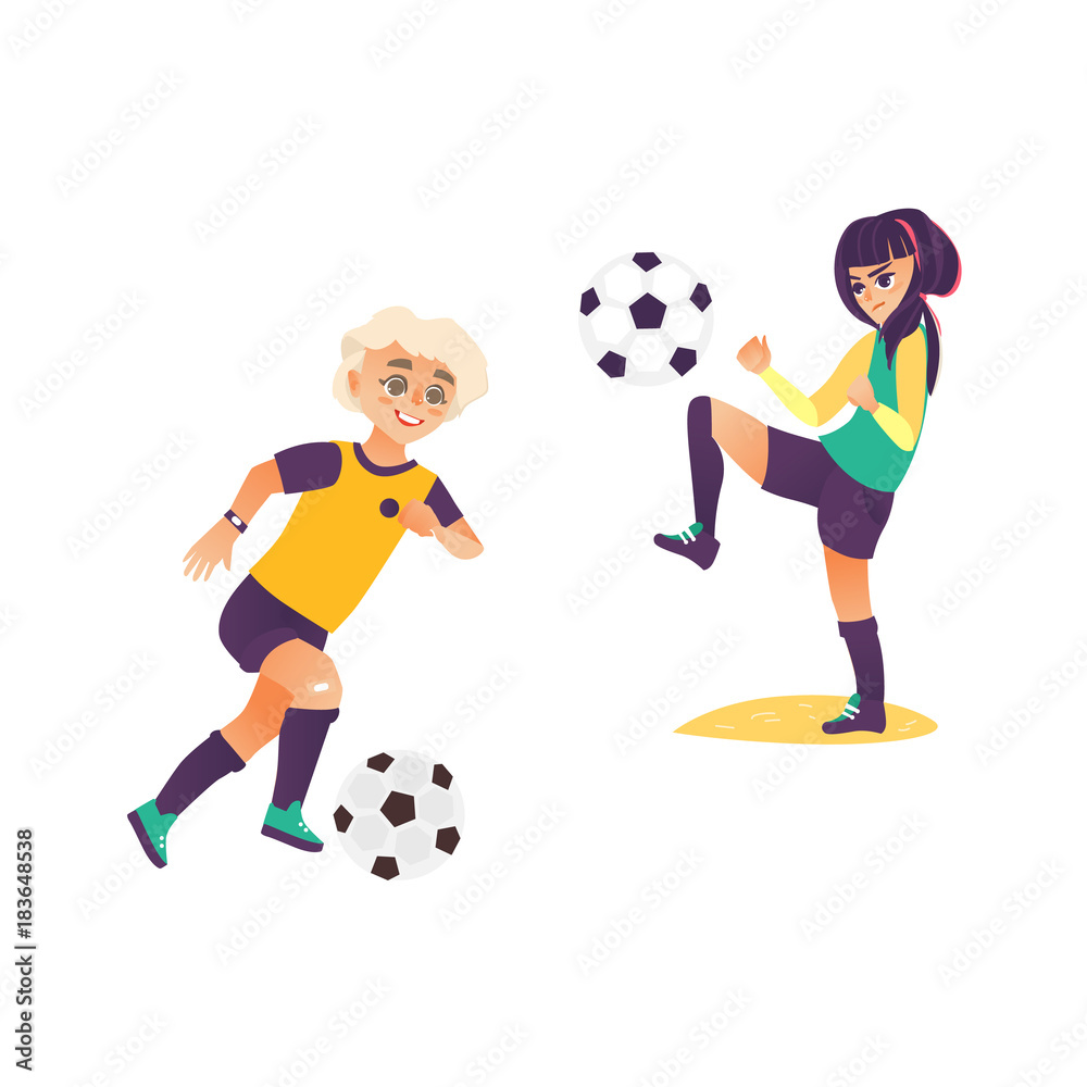 Kids, children, boy and girl, playing football, dribble and jiggling the  ball, flat cartoon vector illustration isolated on white background. Kids,  boy and girl playing soccer, football, training Stock Vector | Adobe