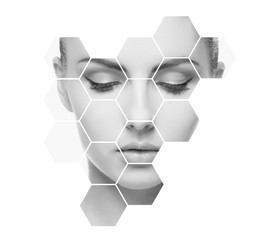 Portrait of young, healthy and beautiful woman. Plastic surgery, skin lifting, spa, cosmetics and medicine concept.