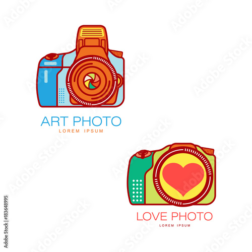 Two camera logo templates for art and wedding photographer, vector illustration isolated on white background. Camera logo badge logotype templates for wedding and art photography