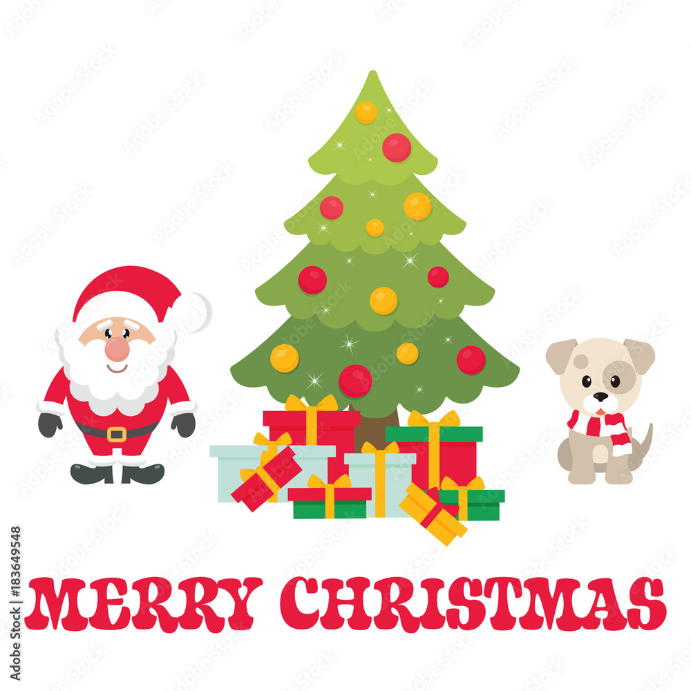 cartoon cute santa claus with christmas fir tree and gifts and winter dog vector