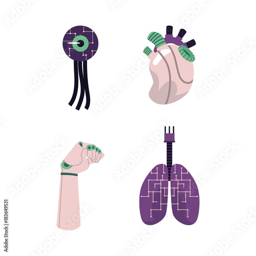vector cartoon bionic futuristic mechanical prosthesis concept icons set. Robotic eye, arm, lungs and heart. Isolated illustration on a white background.