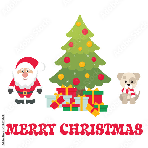 cartoon cute santa claus with christmas fir tree and gifts and winter dog vector © julia_january