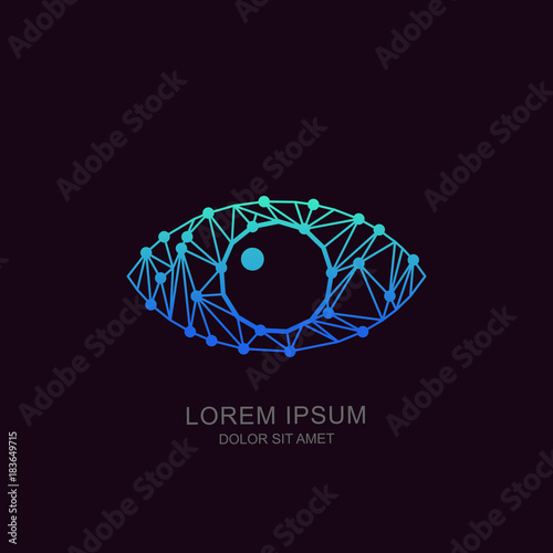 Human low poly eye, vector tech logo, sign or emblem design element. Futuristic concept for biometric recognition, optical, CCTV, retina scan, security camera, cyber vision technology.