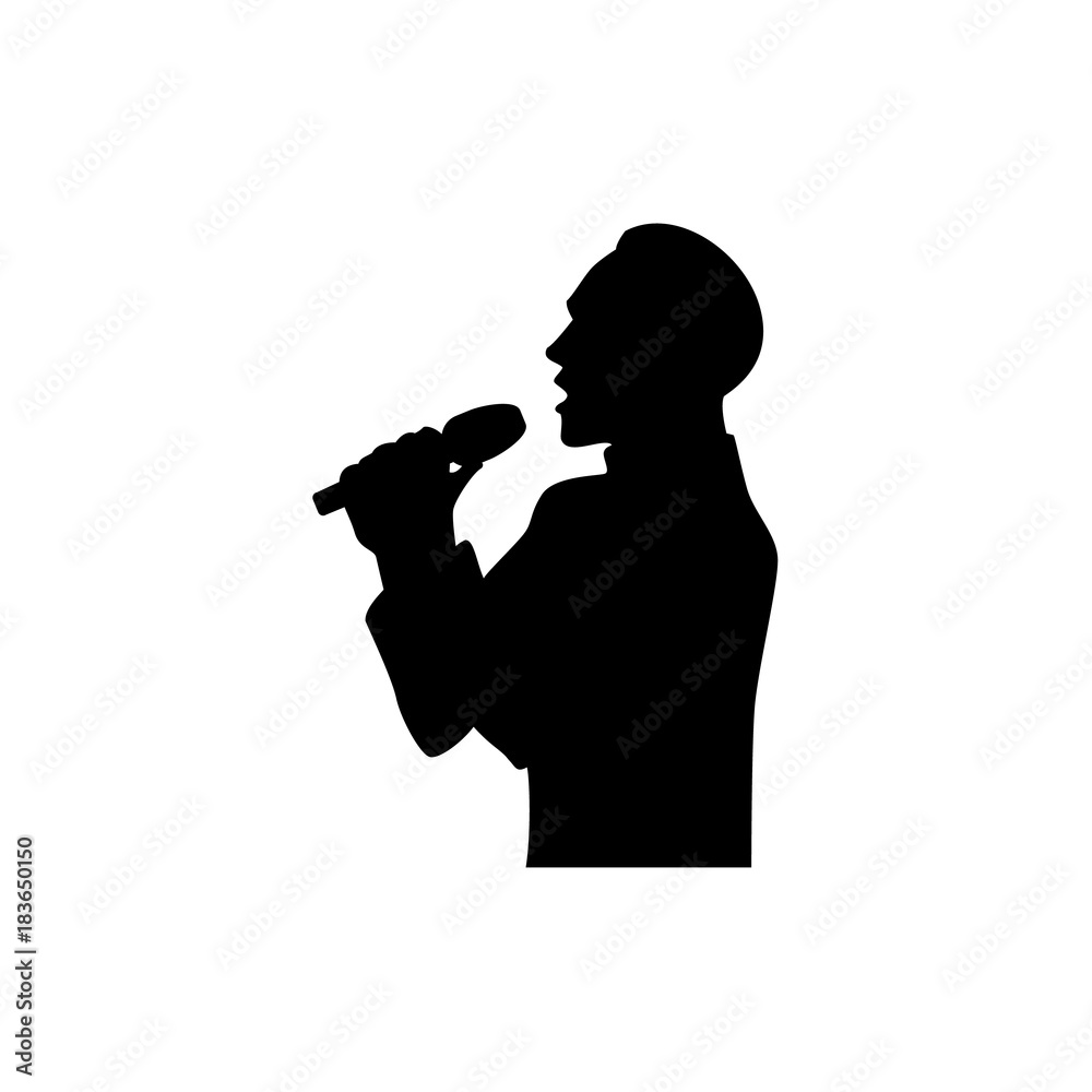 Half length portrait, figure of handsome man singing with microphone, black vector silhouette isolated on white background. Black silhouette of singing man, half length portrait