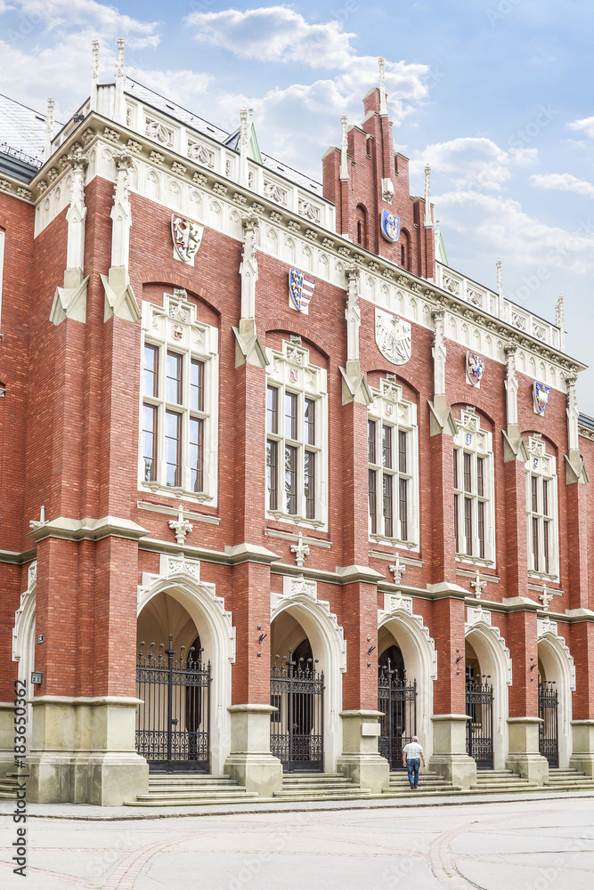KRAKOW, POLAND - AUGUST 22, 2016: The Jagiellonian University. Main building - Collegium Novum. KRAKOW, POLAND - AUGUST 22, 2016: The Jagiellonian University. Main building - Collegium Novum.