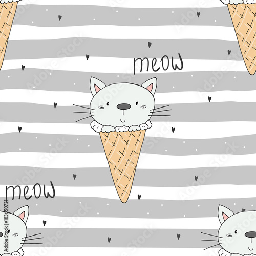 Hand drawn seamless pattern with cute cat, doodle illustration for kids vector print