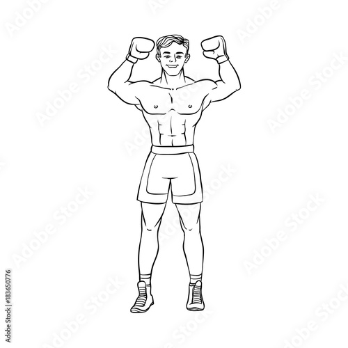 vector cartoon muscular strong handsome boxer man bare torso and chest standing with hands in boxing gloves raised up smiling like winner. Isolated illustration on a white background.