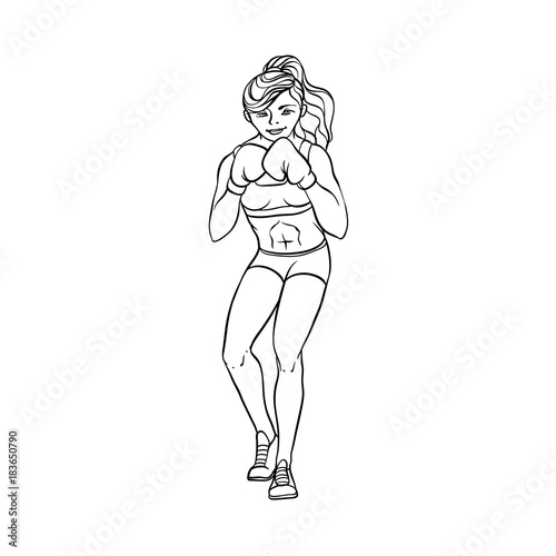 vector cartoon muscular strong cute beautiful woman, girl in boxing stand with box gloves in fighting position. Isolated illustration on a white background.