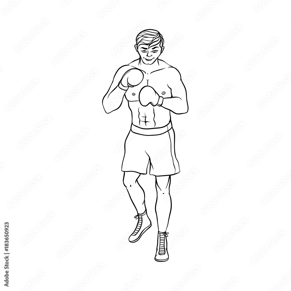 Young Caucasian male boxer in boxing gloves, shorts and boots ready to fight, hand drawn cartoon vector illustration isolated on white background. Front view portrait of young Caucasian male boxer