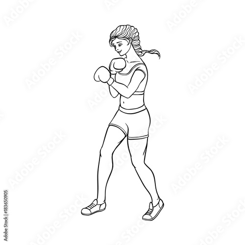 vector cartoon muscular strong cute beautiful woman, girl in boxing stand with box gloves in fighting position. Isolated illustration on a white background.