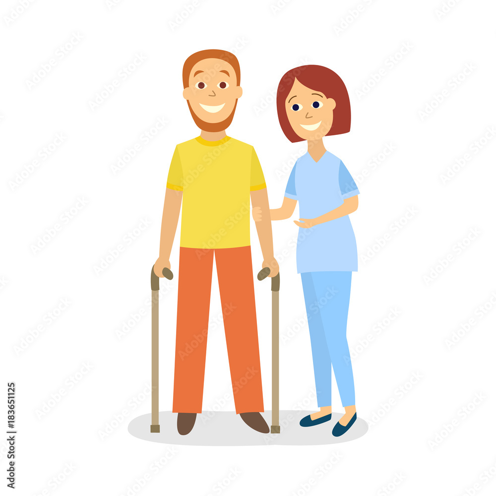 vector flat woman doctor physiotherapist helps man patient with restriction of movement to walk by means of canes, crutches. Physical rehab therapy scene. Isolated illustration on a white background. vector flat woman doctor physiotherapist helps man patient with restriction of movement to walk by means of canes, crutches. Physical rehab therapy scene. Isolated illustration on a white background.