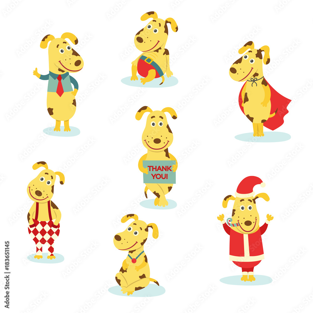 vector flat humanized dog characters set. Male animals in christmas santa claus and superman costumes, in skirt with necktie, with thank you poster standing and sitting in pants. isolated illustration vector flat humanized dog characters set. Male animals in christmas santa claus and superman costumes, in skirt with necktie, with thank you poster standing and sitting in pants. isolated illustration
