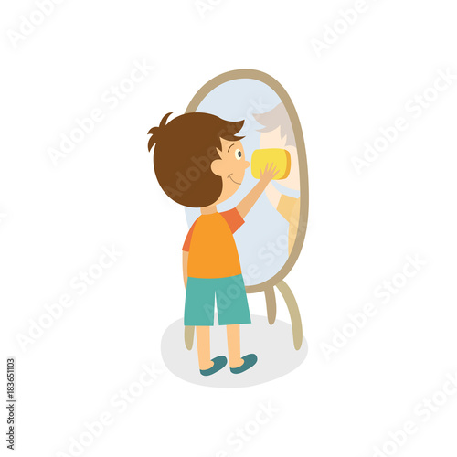 vector flat boy kid cleaning mirror in hallway wiping it by rag. Household chores. Isolated illustration on a white background. Daily children routine concept.