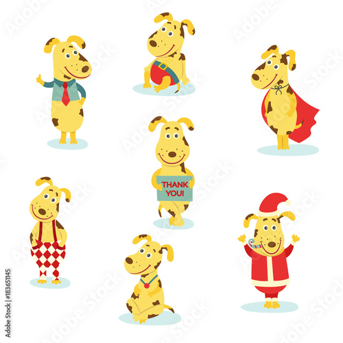 vector flat humanized dog characters set. Male animals in christmas santa claus and superman costumes, in skirt with necktie, with thank you poster standing and sitting in pants. isolated illustration