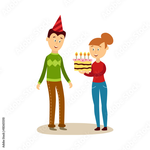 vecotr cartoon beautiful cute girl in causal clothing and jeens giving big birthday chocolate cake with festive candles to man in party hat. Isolated illustration on a white background.
