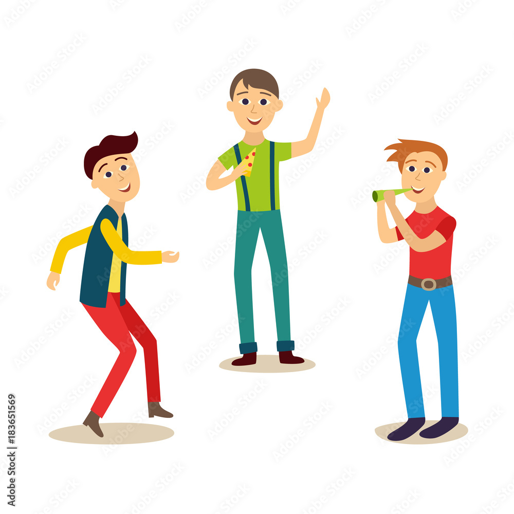Boys, men, friends having fun at birthday party, dancing, eating pizza, blowing whistle, cartoon vector illustration isolated on white background. Set of happy young people, boys having party