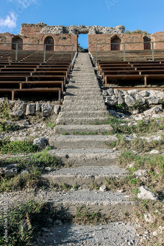 stone stairs in greek theater in Taormina  Sicily 