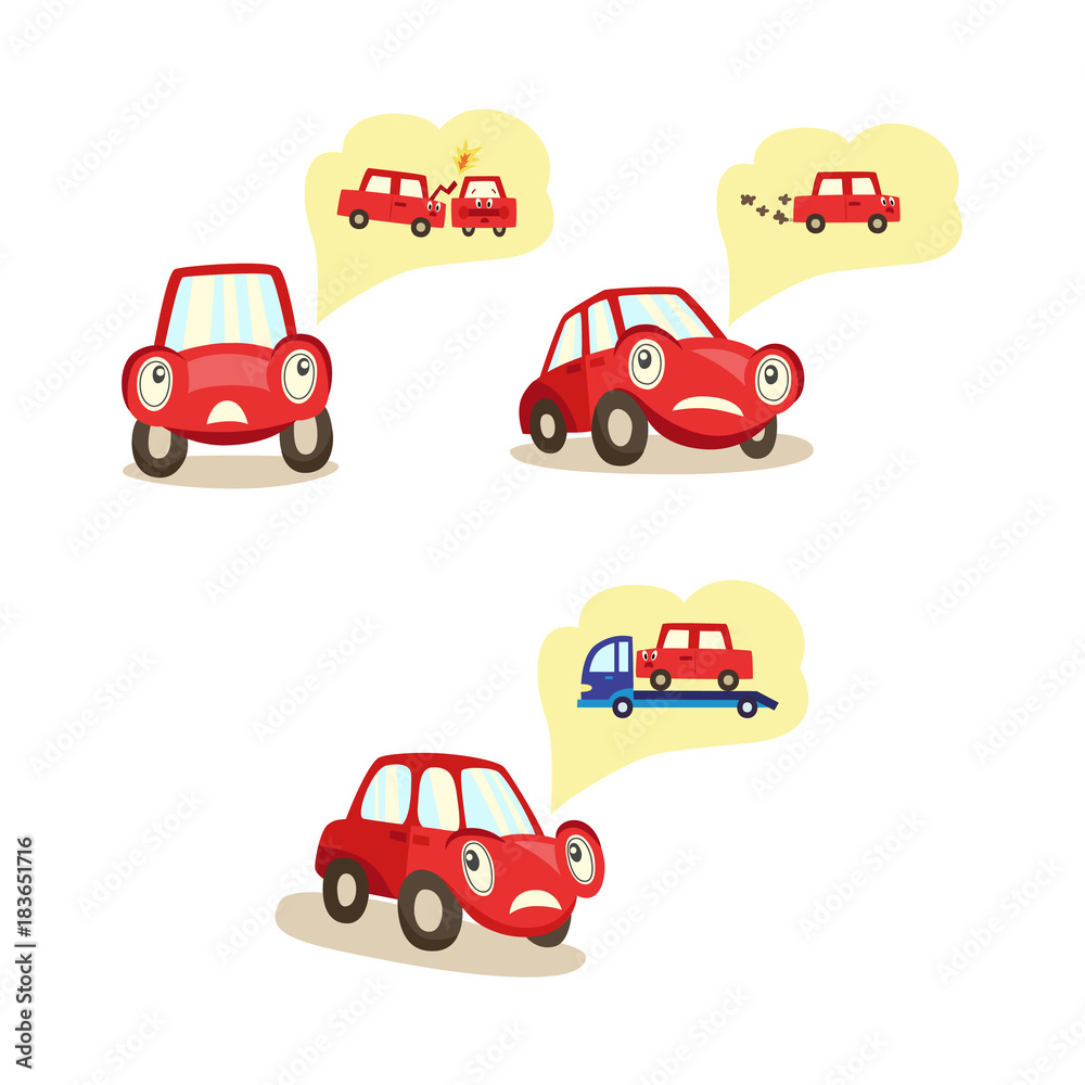 Fototapeta premium vector car with eyes worrying about possible road accidents set. Crashing with another vehilce, engine breakdown, evacuation thinking about it experessing negative emotion. Isolated illustration