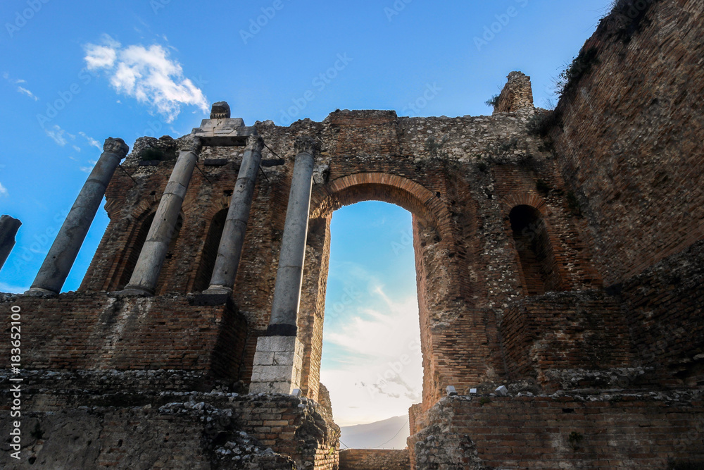 old ruins in greek theater in Taormina 