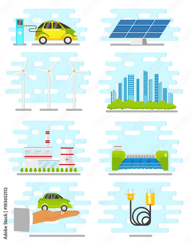 vector flat renewable, alternative energy icon set. Hydroelectric dam, solar panel, nuclear reactor, windmill, power plants, power plug with wire, electric car charging, modern green city isolated. vector flat renewable, alternative energy icon set. Hydroelectric dam, solar panel, nuclear reactor, windmill, power plants, power plug with wire, electric car charging, modern green city isolated.