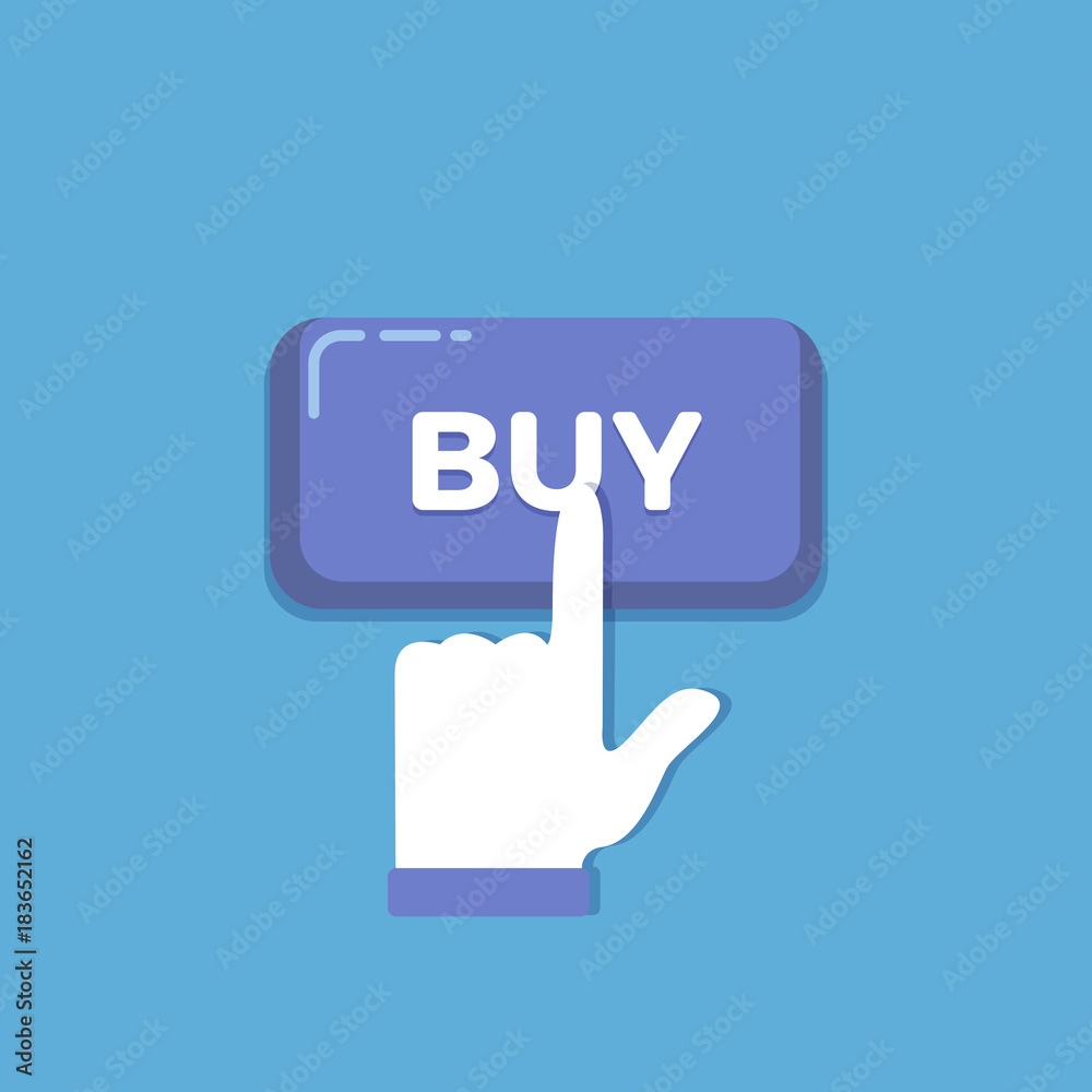 Buy button. Design for mobile and web applications. Trendy Buy button with hand clicking for your web shop. Buy button vector illustration in eps10