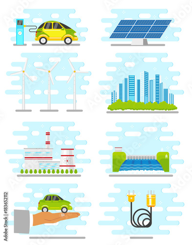 vector flat renewable, alternative energy icon set. Hydroelectric dam, solar panel, nuclear reactor, windmill, power plants, power plug with wire, electric car charging, modern green city isolated.