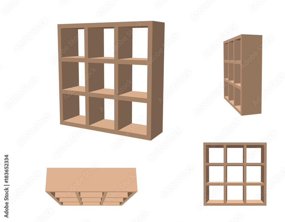 Empty bookcase. Isolated on white background. 3d Vector illustration.