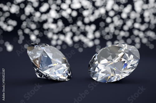 Diamonds places on dark tone blue background with light bokeh  3D illustration.