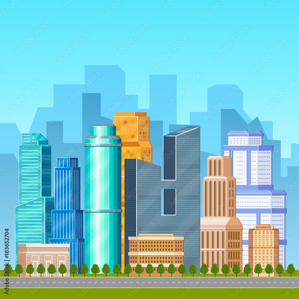 Cityscape, urban landscape scene with low and high rise modern residential buildings and business centers, flat vector illustration. Daytime cityscape, downtown scene with city skyline in background